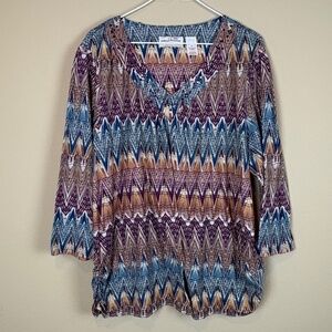 Alfred Dunner Multicolor Chevron Ruched Pullover Top with V-Neck Front Beading